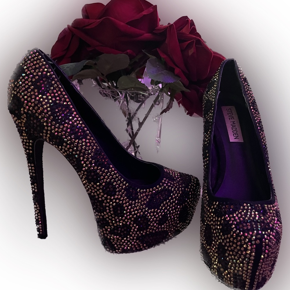 STEVE MADDEN LEOPARD PRINT RHINESTONE CRYSTAL PLATFORM PUMPS SIZE 7